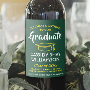 Graduation Party Congrats Modern Green Gold Yellow Wine Label