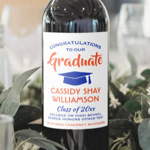 Graduation Party Congrats Modern Orange and Blue Wine Label