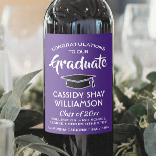 Graduation Party Congrats Modern Purple and White Wine Label
