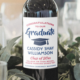 Graduation Party Congrats Modern Red White & Blue Wine Label