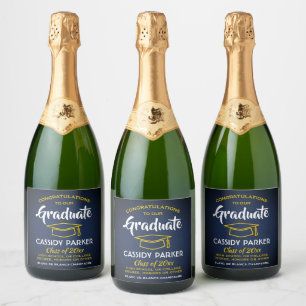 Graduation Party Congrats Navy Blue Gold Yellow Sparkling Wine Label