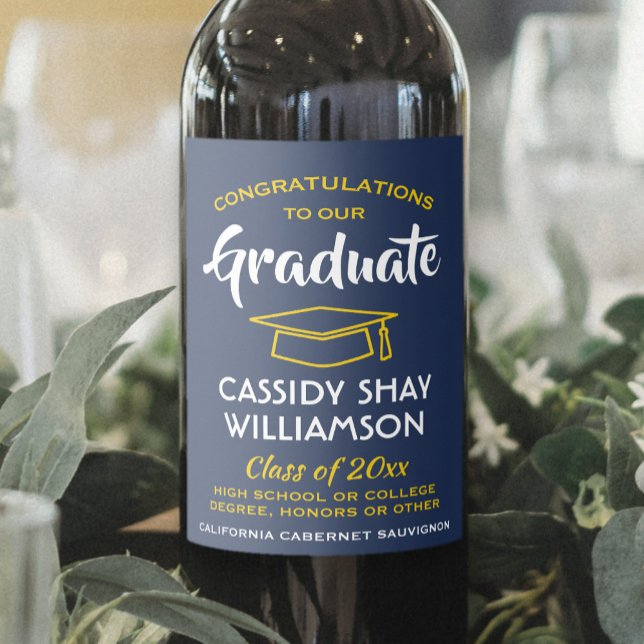 Graduation Party Congrats Navy Blue Gold Yellow Wine Label (Creator Uploaded)