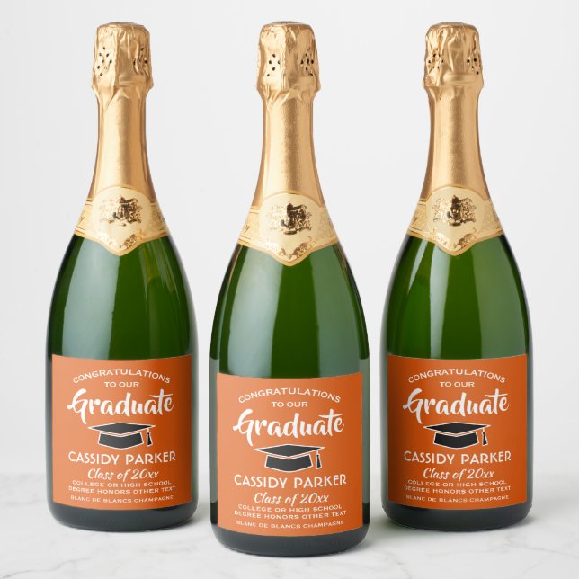Graduation Party Congrats Orange White and Black Sparkling Wine Label (Bottles)