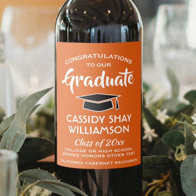 Graduation Party Congrats Orange White and Black Wine Label (Creator Uploaded)