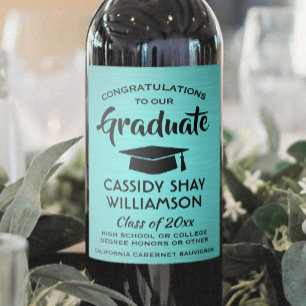 Graduation Party Congrats Trendy Brushed Teal Blue Wine Label