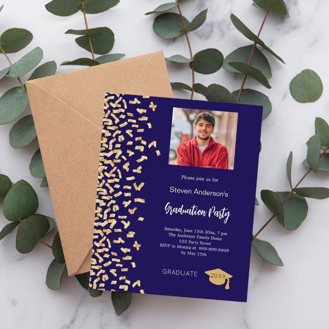 Graduation party dark blue gold photo invitation (Creator Uploaded)