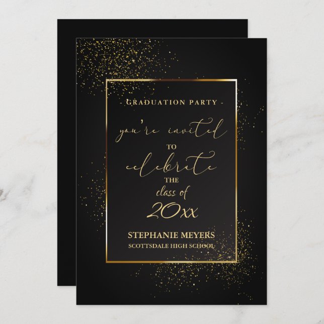 Graduation Party Elegant Black and Gold Glitter Invitation (Front/Back)