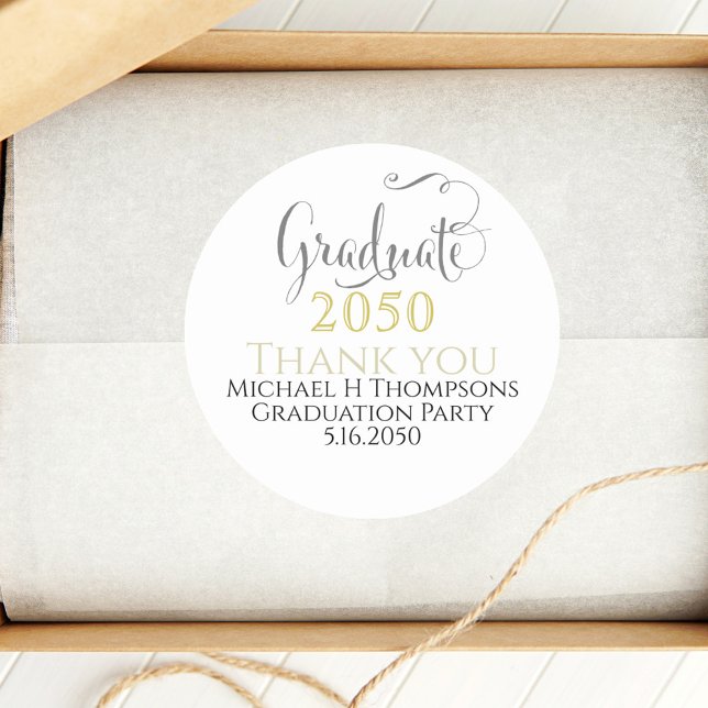 Graduation Party Elegant Gold Black Modern Script  Classic Round Sticker (Black and gold graduation party favor script sticker.)