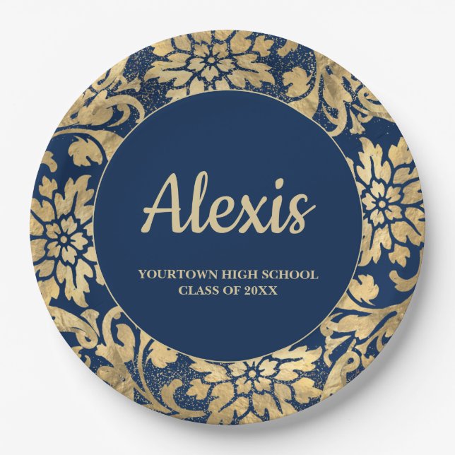 Graduation Party Elegant Navy Blue Gold Class of Paper Plate (Front)