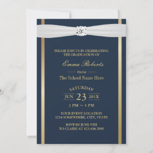 Graduation Party Elegant Navy Blue & Gold Stripes Invitation