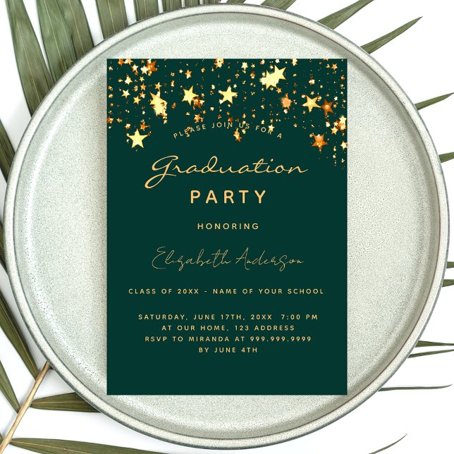 Graduation party emerald green gold stars invitation (Creator Uploaded)