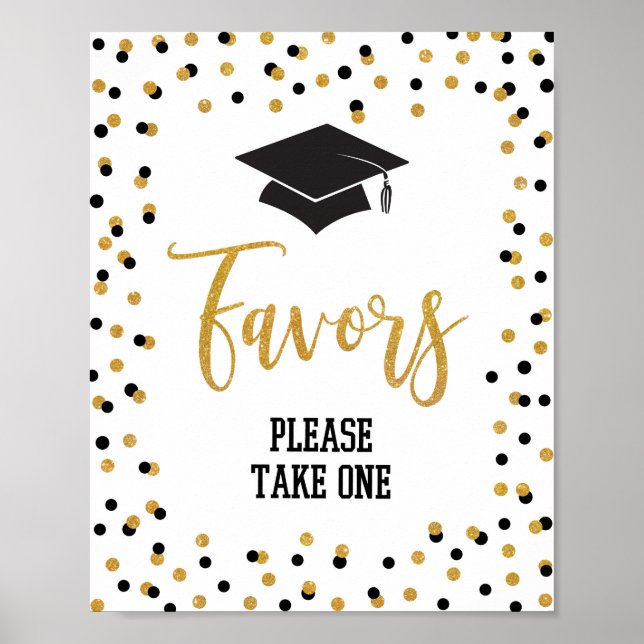 Graduation Party Favour Sign Black Gold Glitter (Front)