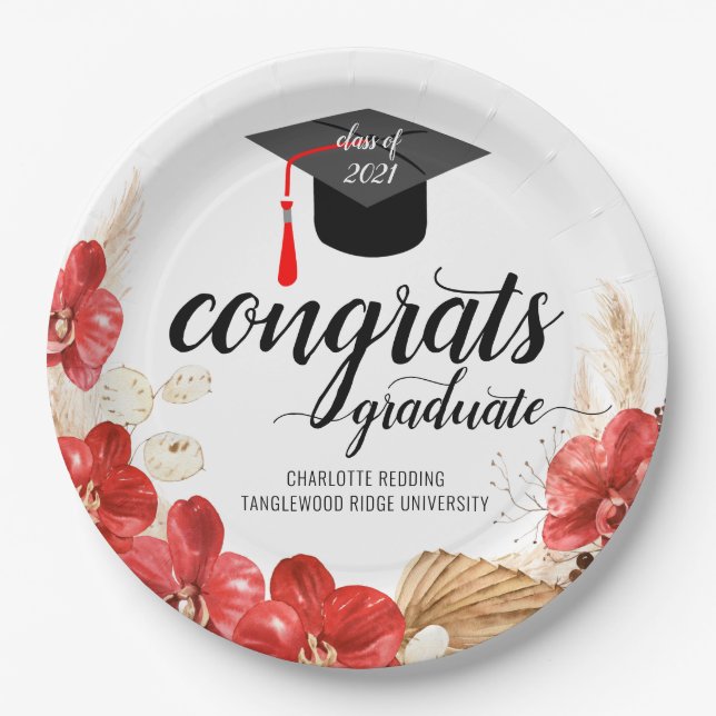 Graduation Party Floral Blush Pink Red Paper Plate (Front)