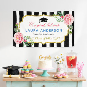 Graduation Party Floral Gold Glitter Black Stripes Banner