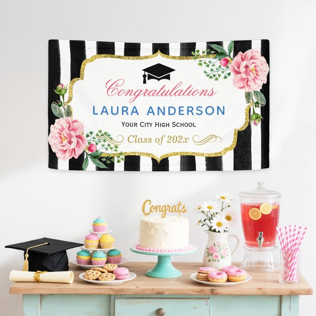 Graduation Party Floral Gold Glitter Black Stripes Banner (Creator Uploaded)