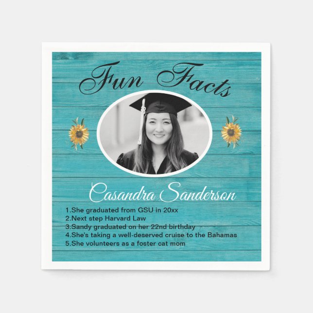 Graduation Party Fun Facts Sunflower Teal Wood Nap Napkin (Front)