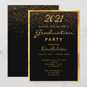 Graduation party glam black confetti gold invitation