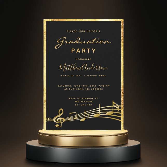 Graduation party glam black music gold invitation (Creator Uploaded)