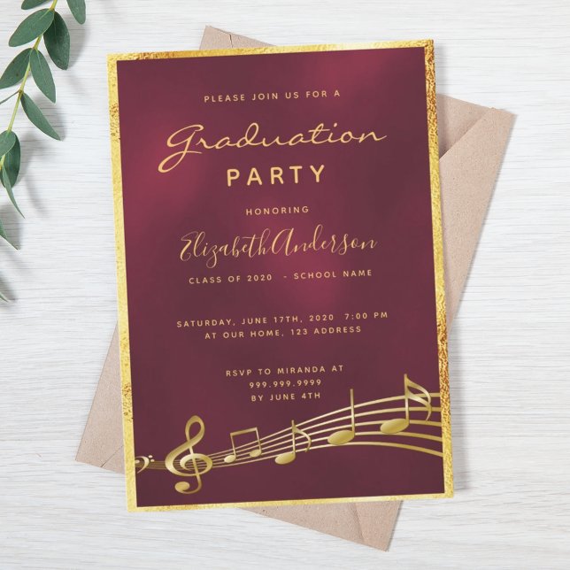 Graduation party glam burgundy music gold invitation (Creator Uploaded)