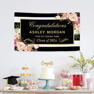 Graduation Party Gold Black White Floral Decor Banner