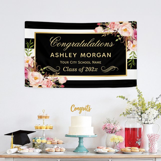 Graduation Party Gold Black White Floral Decor Banner (Creator Uploaded)