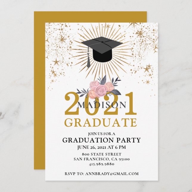 Graduation Party Gold Class of 2021 Pink White Invitation (Front/Back)