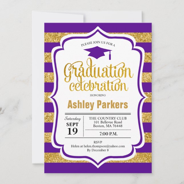 Graduation Party - Gold Purple Stripes Invitation (Front)
