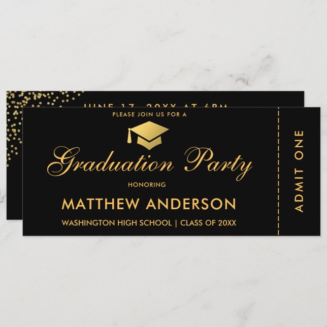Graduation Party Gold Ticket Glitter Invitation (Front/Back)