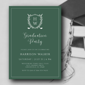 Graduation Party Golf Crest Elegant Script Sage Invitation