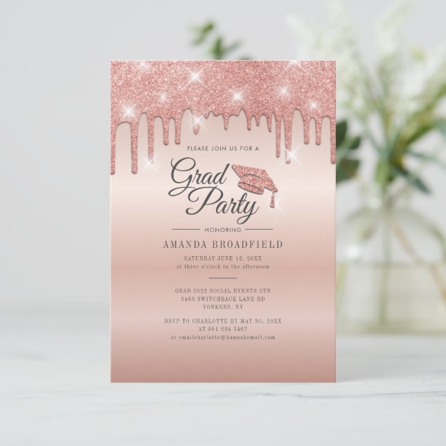 Graduation Party Grad 2022 Rose Gold Glitter Invitation (Standing Front)
