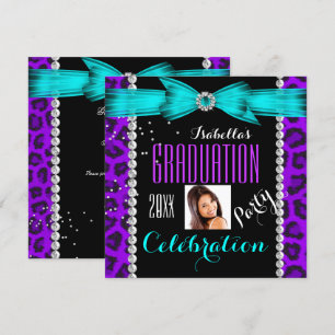 Graduation Party Grad Purple Teal Blue Leopard Invitation