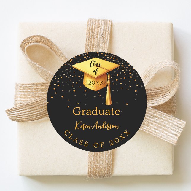 Graduation party graduate black gold cap 2025 classic round sticker (Creator Uploaded)