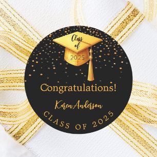 Graduation party graduate black gold cap 2025 classic round sticker