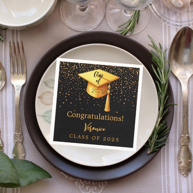 Graduation party graduate black gold cap 2025 napkin (Creator Uploaded)