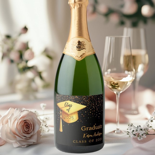 Graduation party graduate black gold cap 2025 sparkling wine label (Creator Uploaded)