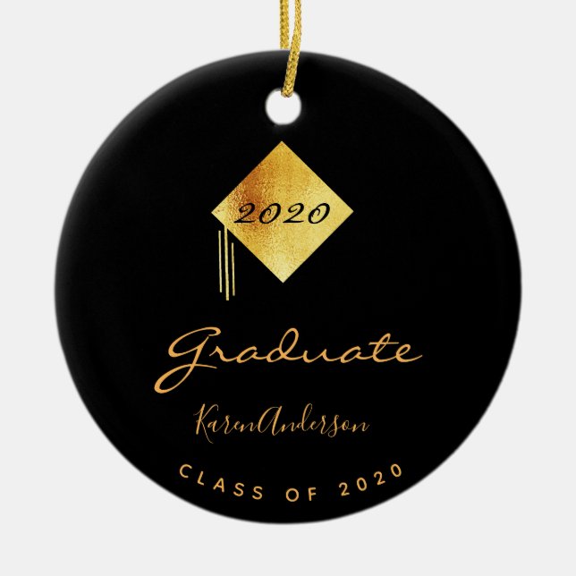 Graduation party graduate black gold cap ceramic tree decoration (Front)