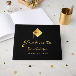 Graduation party graduate black gold cap guest book