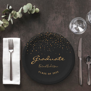 Graduation party graduate black gold paper plate