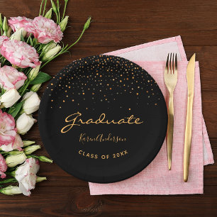Graduation party graduate black gold paper plate