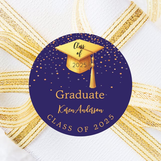 Graduation party graduate blue gold cap 2025 classic round sticker (Creator Uploaded)
