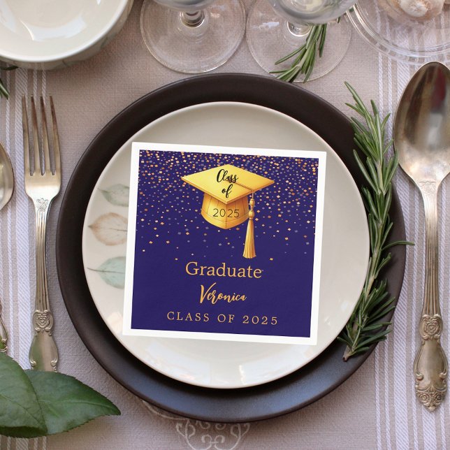 Graduation party graduate blue gold cap 2025 napkin (Creator Uploaded)