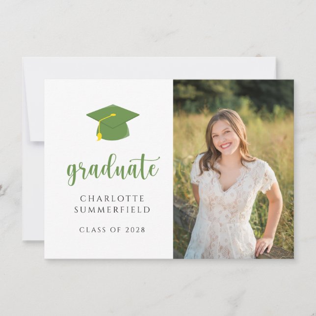 Graduation Party Green Gold Cap Tassel Photo Invitation (Front)
