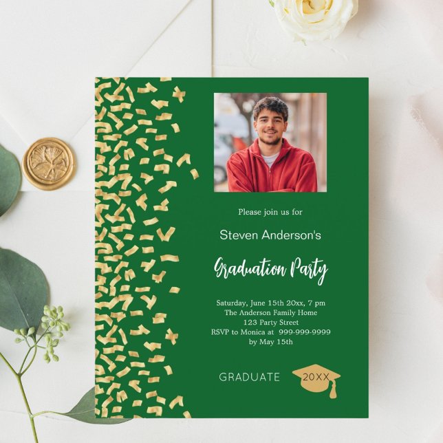 Graduation party green gold photo invitation (Creator Uploaded)