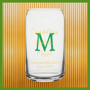 Graduation Party Green Monogram Gold Name Can Glass