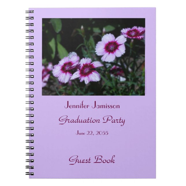 Graduation Party Guest Book, Purple Flowers spiral Spiral Notebook (Front)