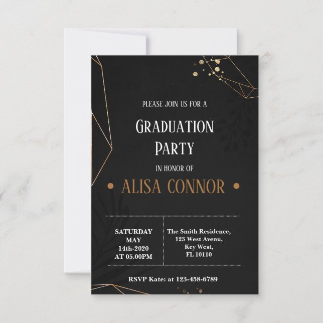 Graduation Party Invintation Black and Gold RSVP Card (Front)
