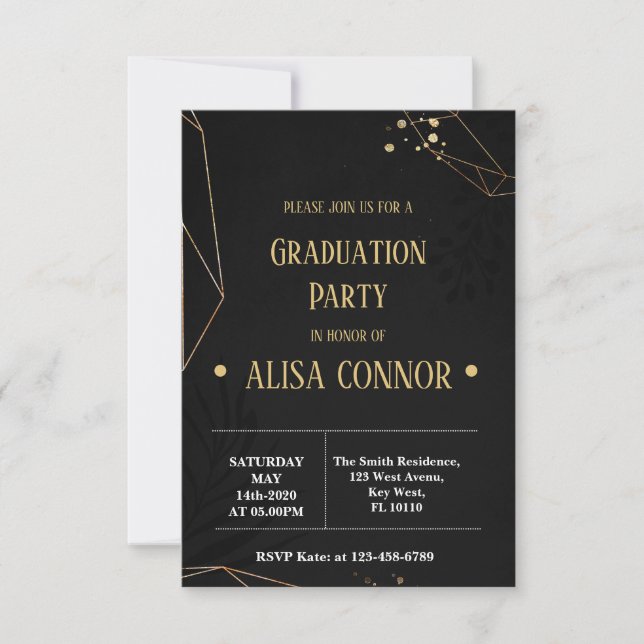 Graduation Party Invintation Black and Gold RSVP Card (Front)