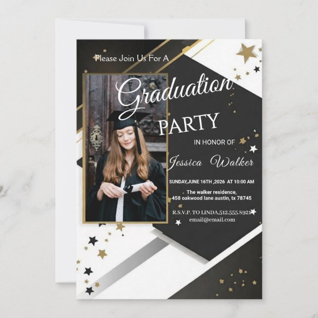 Graduation Party Invitation Black Gold Photo  (Front)