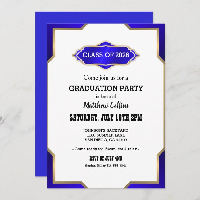 Graduation Party Invitation blue Retro Inspired  (Front/Back)