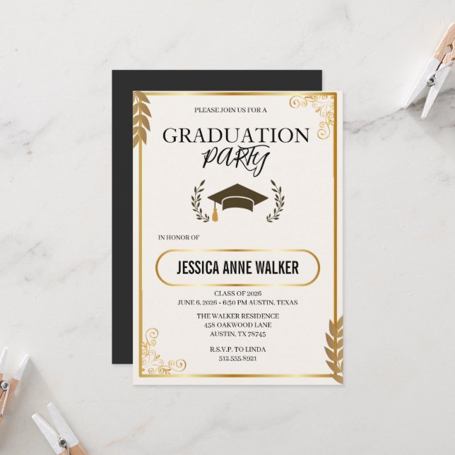 Graduation Party Invitation Elegant Gold Editable  (Front/Back In Situ)